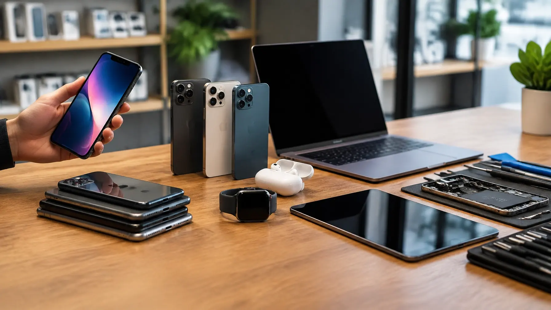Phones, tablets, laptop, and repair tools arranged in an electronics workspace